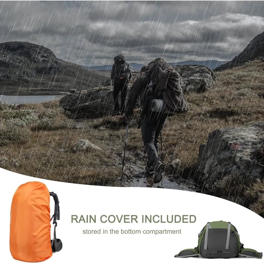 Hiking Backpack, Waterproof Camping Essentials Bag, with Rain Cover.
