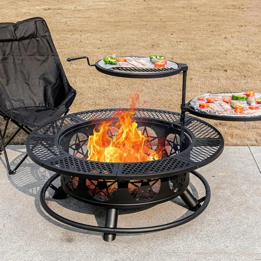 36 Inch Fire Pit with 2 Grills, Wood Burning Fire Pit