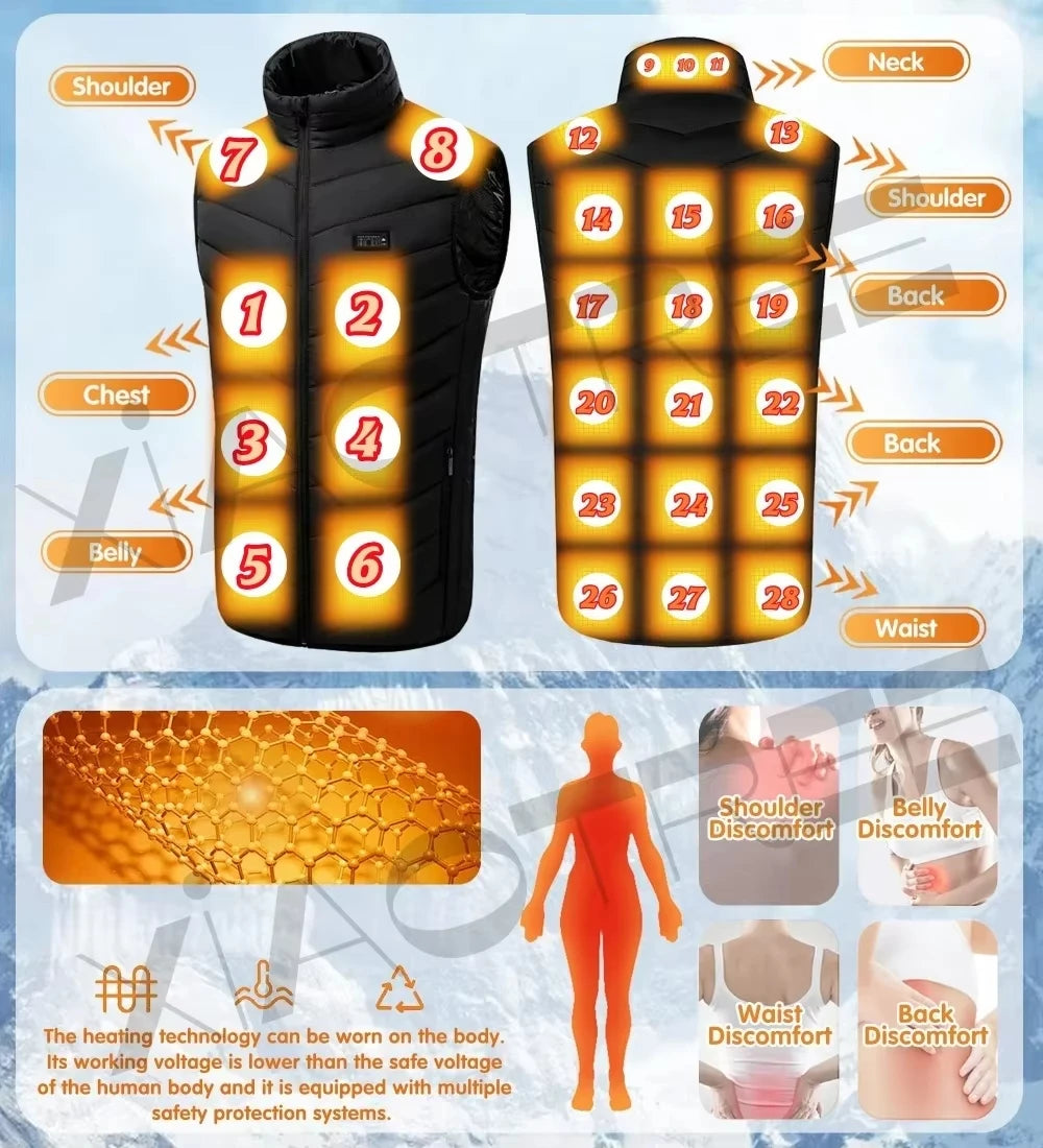 Men's and Woman's 28/9 Areas Heated Vest Jacket Heated Electric Usb.