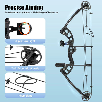 30-55 lbs Compound Bow Adjustable Draw Weight and Length with 3-Pin Sight 12 Arrows Complete Arch Set