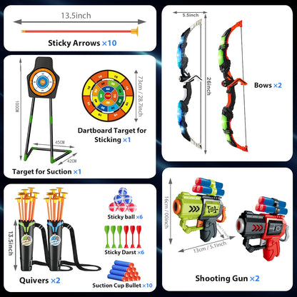 2X Bow, Arrow + Guns Toys, with stand For Kids.
