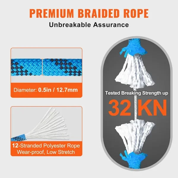 VEVOR 12.7mm Static Climbing Rope, 38M(125ft) Outdoor Rock Climbing Rope 32KN Breaking Tension, Fiber Rope with Steel Snap Hooks