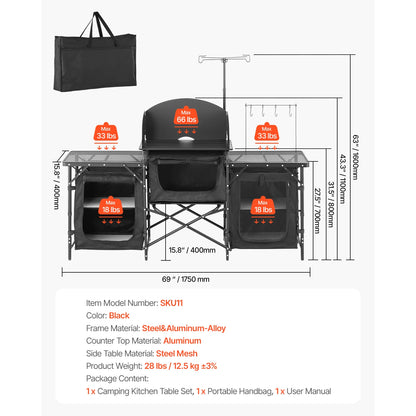 Camping Kitchen Table Aluminum Portable Cook Station with Storage.