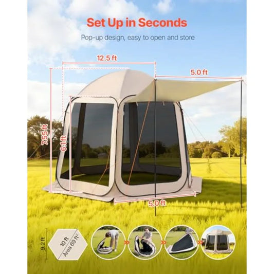 10 x 9.2' Pop-Up Screen House Tent with Extended Awning, 4–8 Person