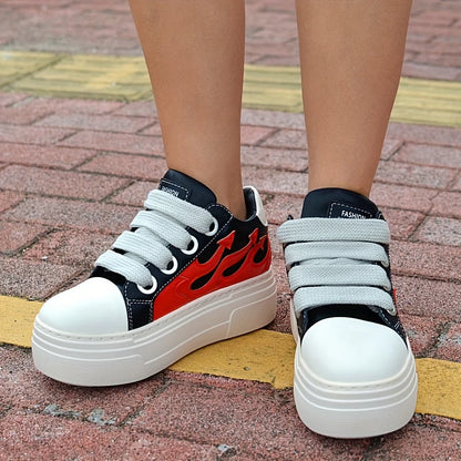 Black Red Fire Women Sneakers, Platform , Casual Shoes