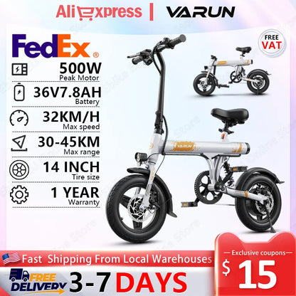 VARUN C14-1 Foldable E-bike 500 Peak Motor 36V7.8AH, Bike Dual Discs Brakes