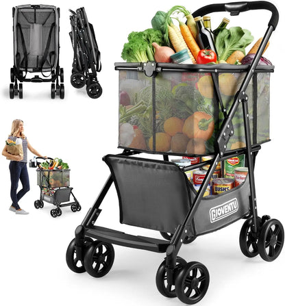 Folding Shopping Cart for Groceries, 80lbs Collapsible Grocery Cart