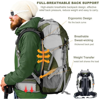 Hiking Backpack, Waterproof Camping Essentials Bag, with Rain Cover.