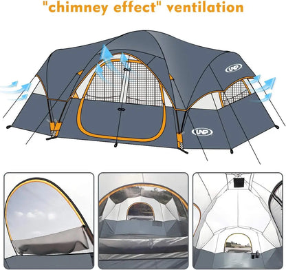 10-Person Family Camping Tent, Easy Setup, Waterproof, 2 Rooms