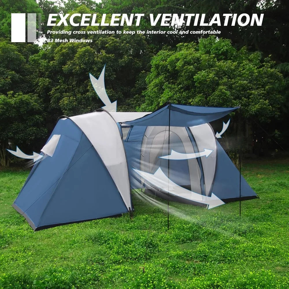 Family-Sized Weatherproof Camping Tent with Porch and Rainfly