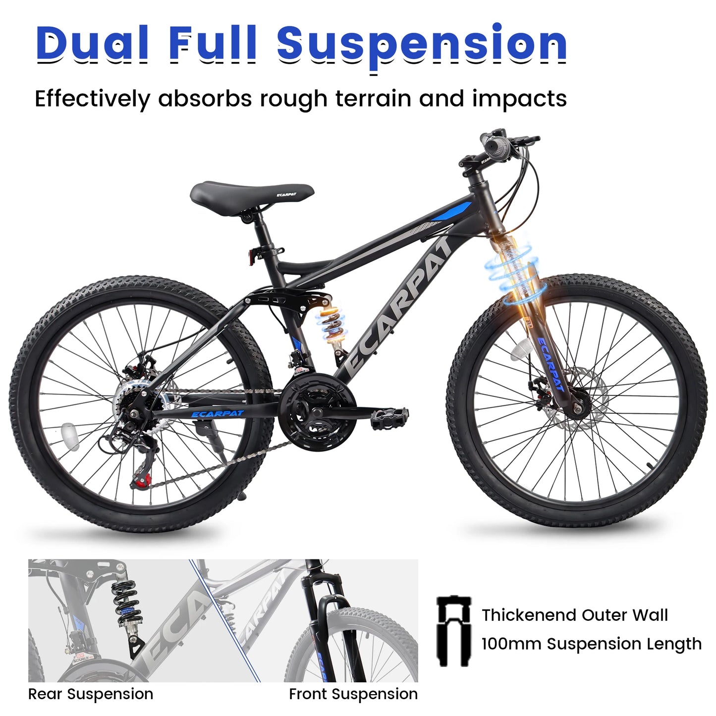Ecarpat Dual Full Suspension Mountain Bike 24/26/27.5 Inch, Mountain Bike, 21-Speed Disc Bicycles