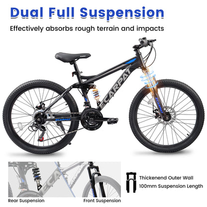 Ecarpat Dual Full Suspension Mountain Bike 24/26/27.5 Inch, Mountain Bike, 21-Speed Disc Bicycles