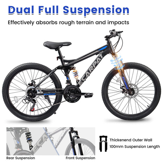 Ecarpat Dual Full Suspension Mountain Bike 24/26/27.5 Inch, Mens Women Teenagers Boy Girl Mountain Bike, 21-Speed Disc Bicycles