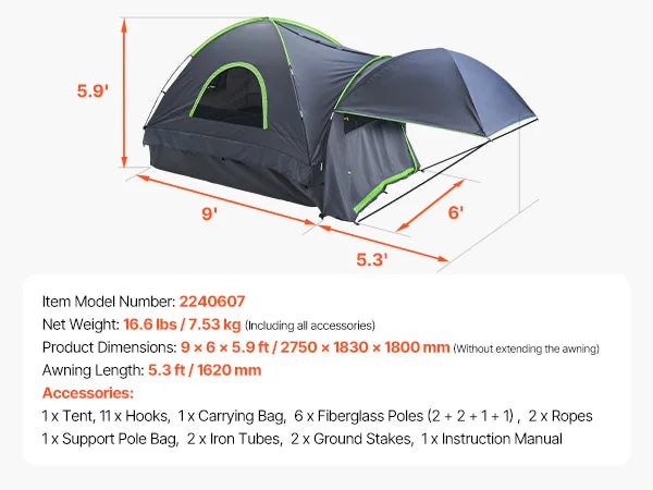 SucceBuy Pickup Truck Tent for Camping Waterproof PU2000 2-3 Person Truck Bed