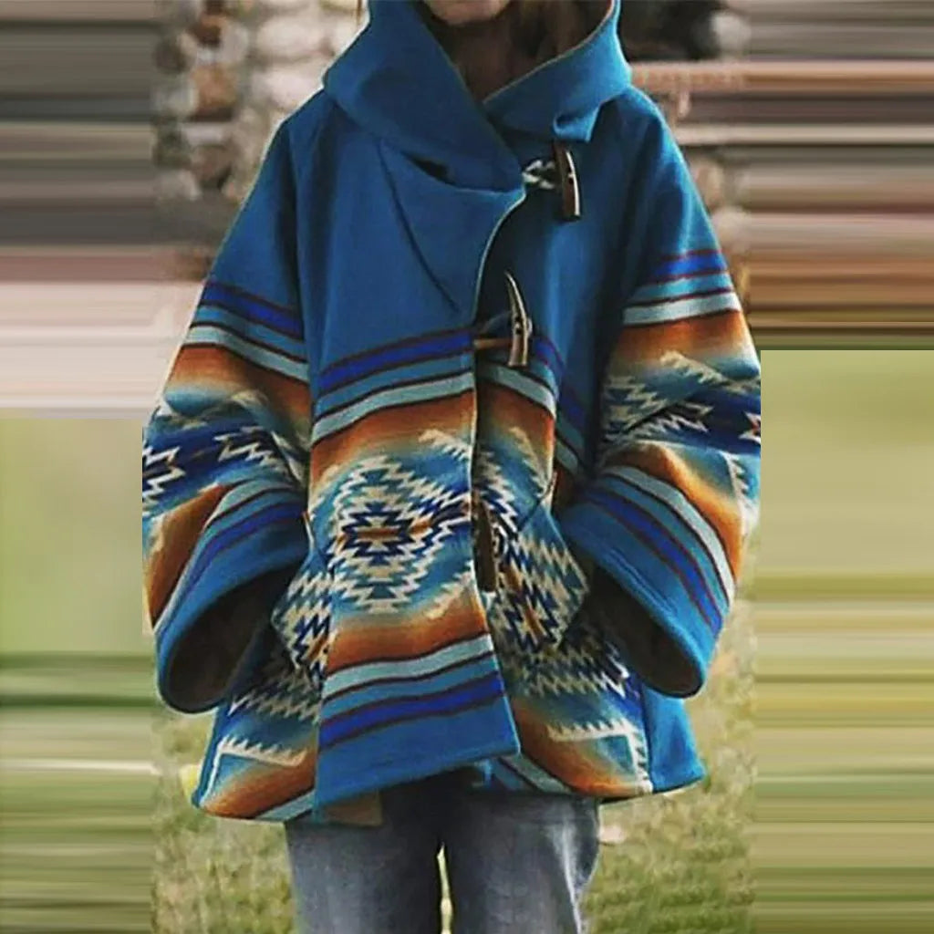 Winter Women Jackets Retro Printed Coat Long Sleeve Hooded