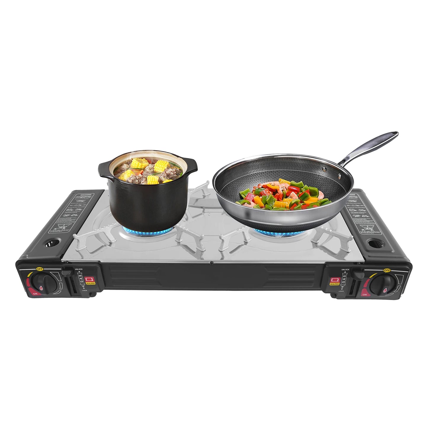 2-Burner Family Camping Gas Stove with Grill Pan|