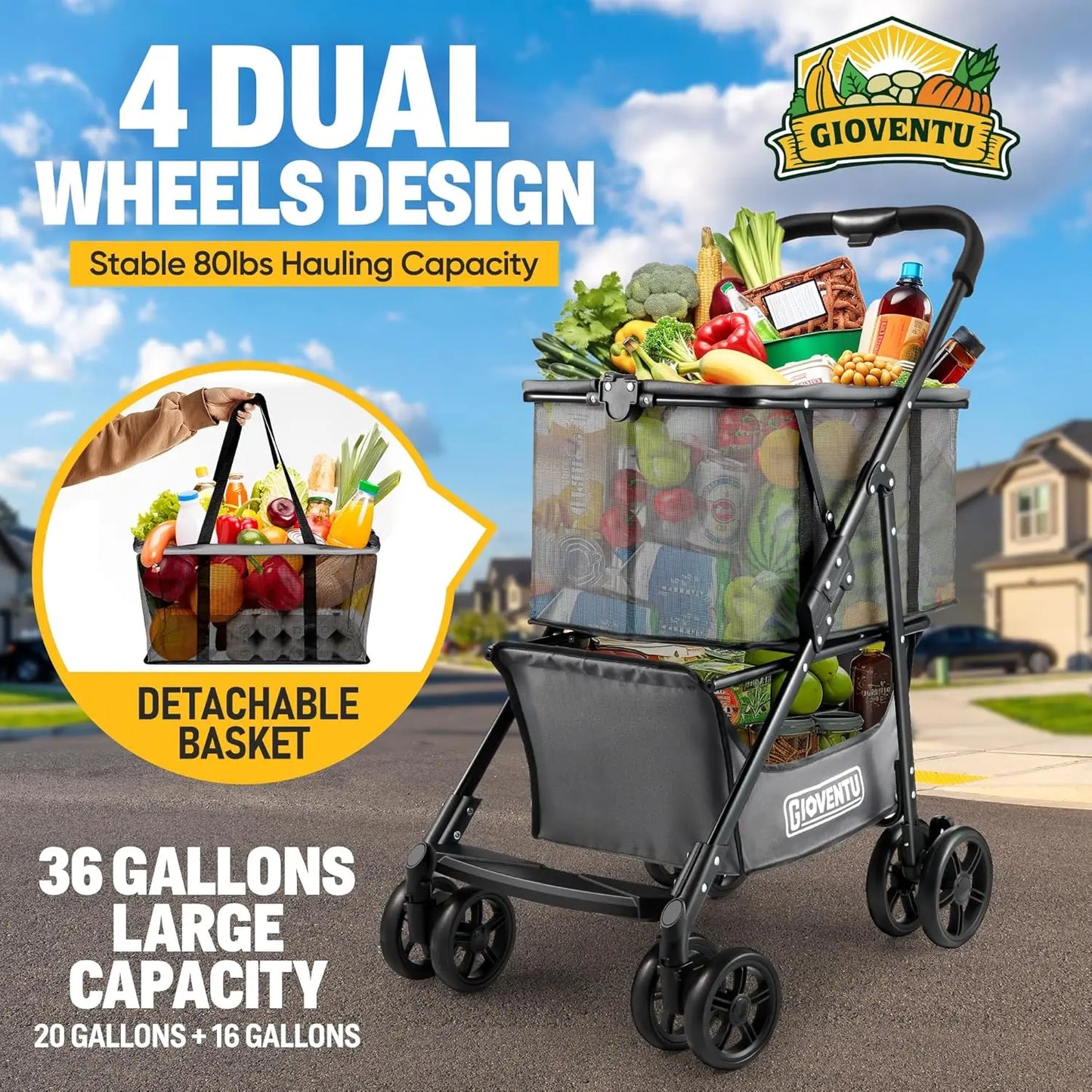 Folding Shopping Cart for Groceries, 80lbs Collapsible Grocery Cart