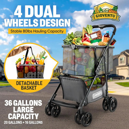 Folding Shopping Cart for Groceries, 80lbs Collapsible Grocery Cart