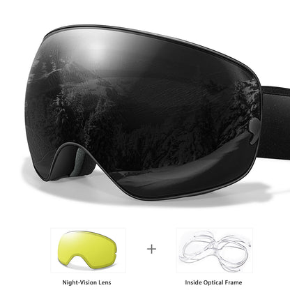 Anti-Fog SKI Goggles Snowboard Goggles UV400 with Night Vison Lens Men, Women, Teen