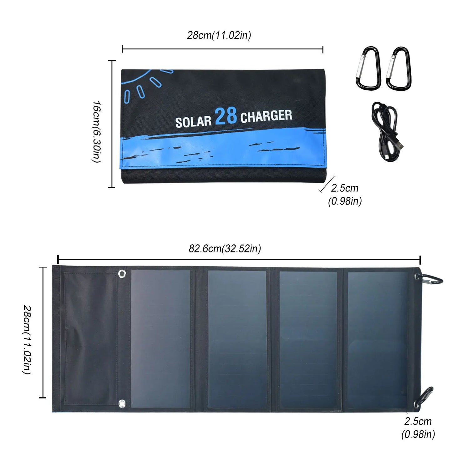 28W Portable Solar Panel 5V Folding, 2 USB Ports Phone Charger
