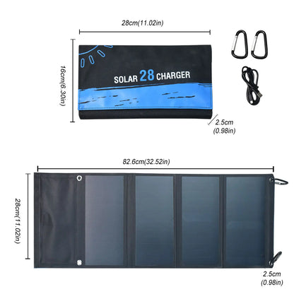 28W Portable Solar Panel 5V Folding, 2 USB Ports Phone Charger
