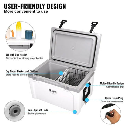 Insulated Portable Cooler, 52 qt, Holds 50 Cans, Ice.