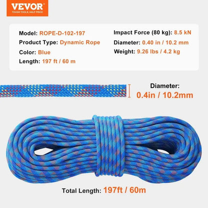 Climbing Rope 10.2mm 60M 25KN Breaking Tension Fiber Rope Steel Snap.
