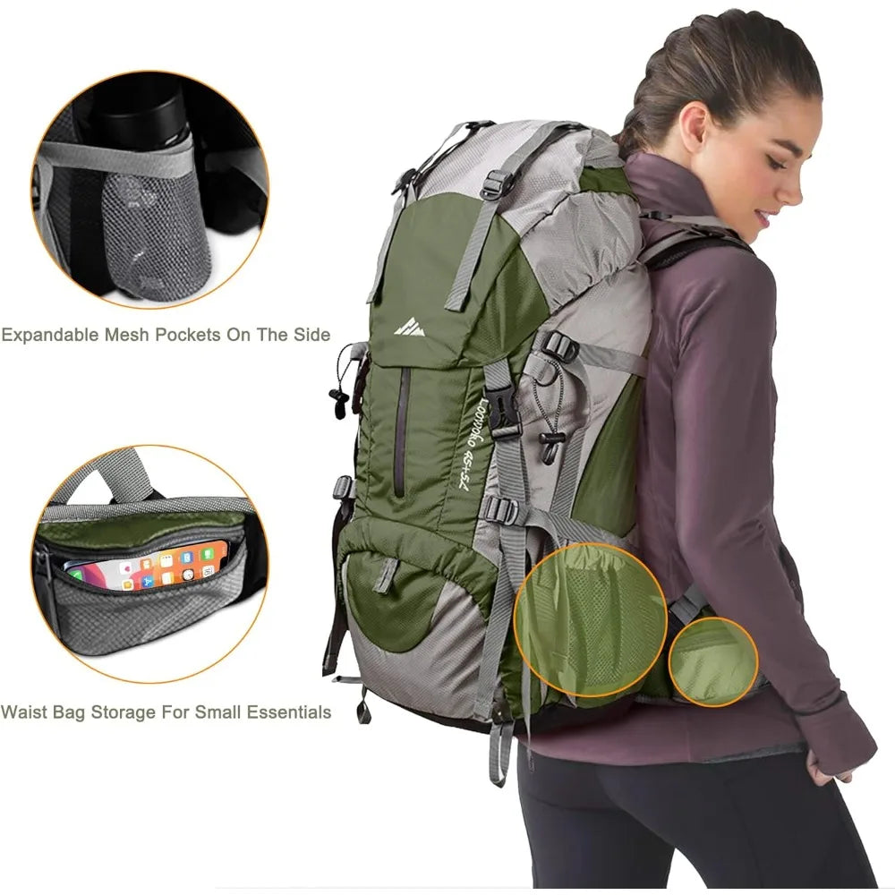 Hiking Backpack, Waterproof Camping Essentials Bag, with Rain Cover.