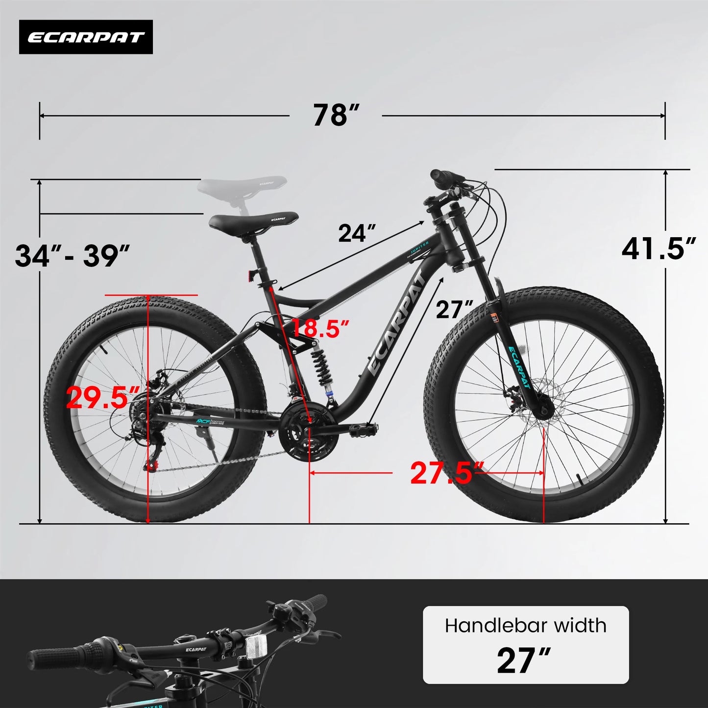 26 inch Mountain Bike, Full-Suspension 21 Speeds Drivetrain with Disc-Brake MTB Bicycle, 26*4" Fat tire Bike