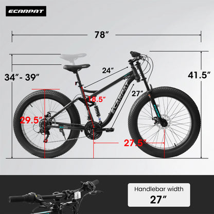 26 inch Mountain Bike, Full-Suspension 21 Speeds Drivetrain with Disc-Brake MTB Bicycle, 26*4" Fat tire Bike