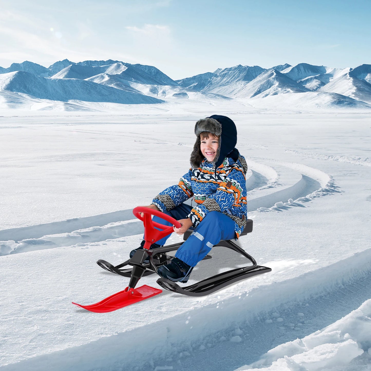 Childrens Steerable Snow Sled with Brake, Durable Plastic Toboggan