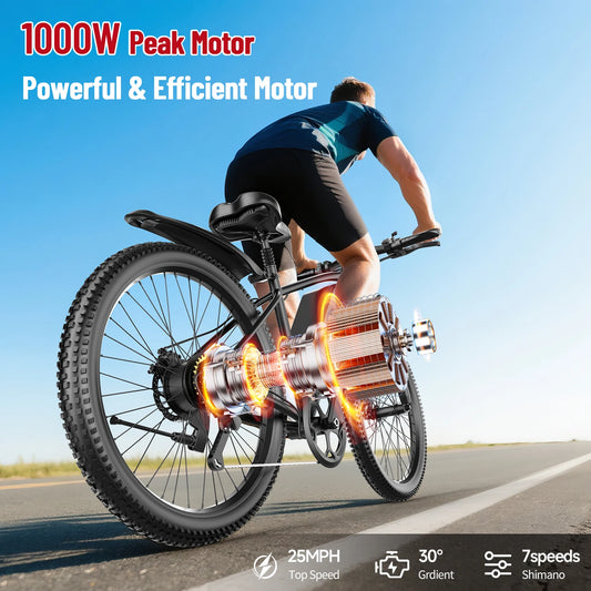 26'' Electric Bike, 1000W Peak Motor 40 Miles 25MPH Commuter E Bike 7 Speed