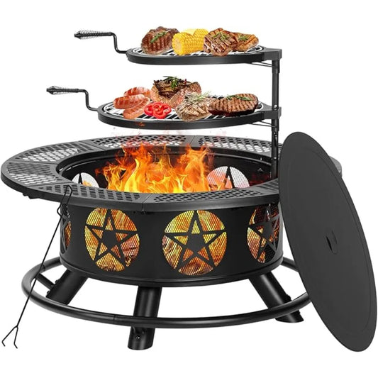 36 Inch Fire Pit with 2 Grills, Wood Burning Fire Pit