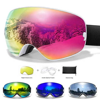 Anti-Fog SKI Goggles Snowboard Goggles UV400 with Night Vison Lens Men, Women, Teen