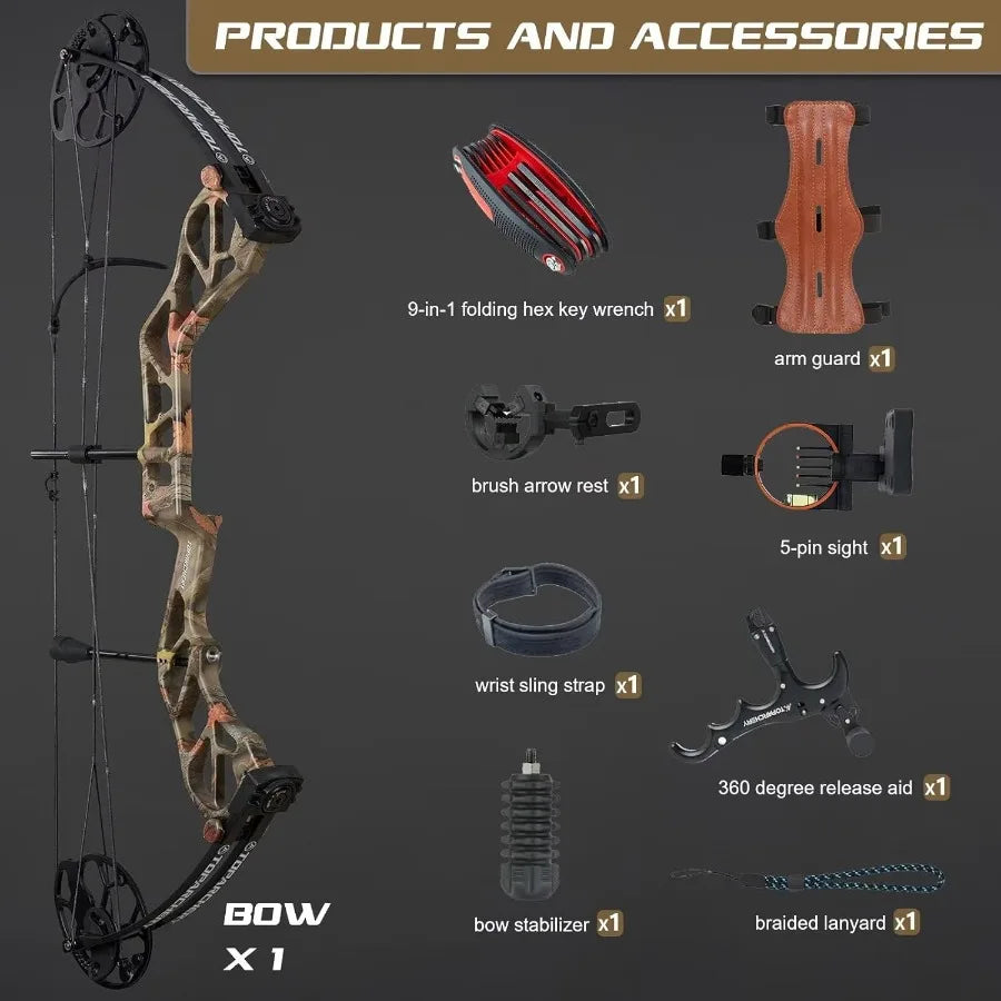 TOPARCHERY Compound Bow for Hunting, Adult Archery Set Aluminum Alloy Bow Handle IBO Arrow Speed 320fps Pull Distance: 1930 0.5