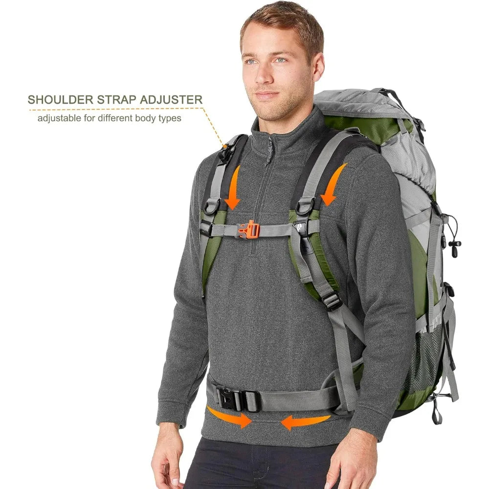 Hiking Backpack, Waterproof Camping Essentials Bag, with Rain Cover.