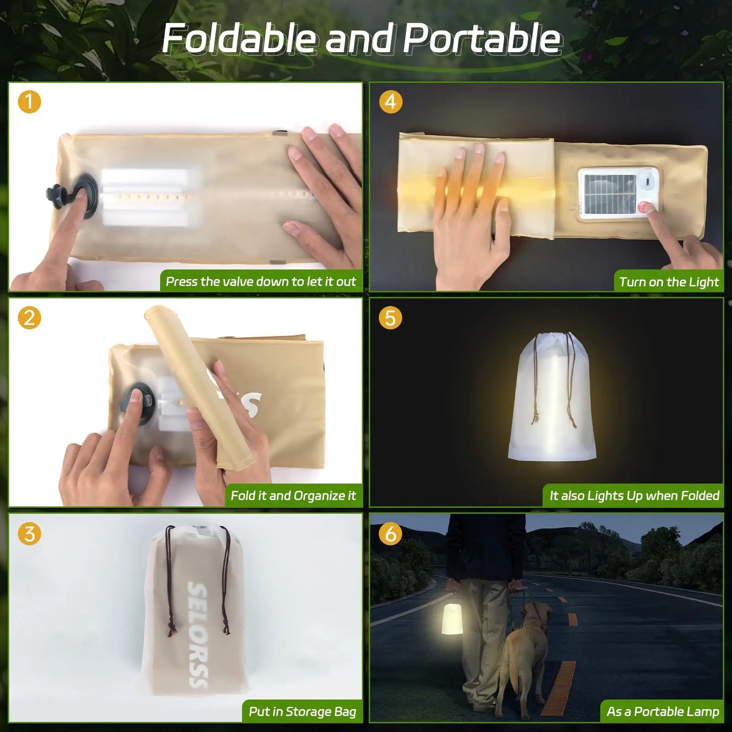 SELORSS Solar Camping Lantern 2000mAh,Folding Portable, Waterproof