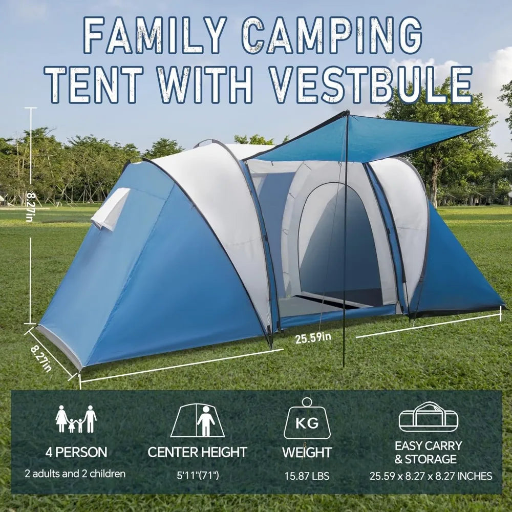 Family-Sized Weatherproof Camping Tent with Porch and Rainfly