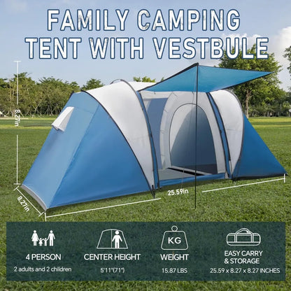 Family-Sized Weatherproof Camping Tent with Porch and Rainfly