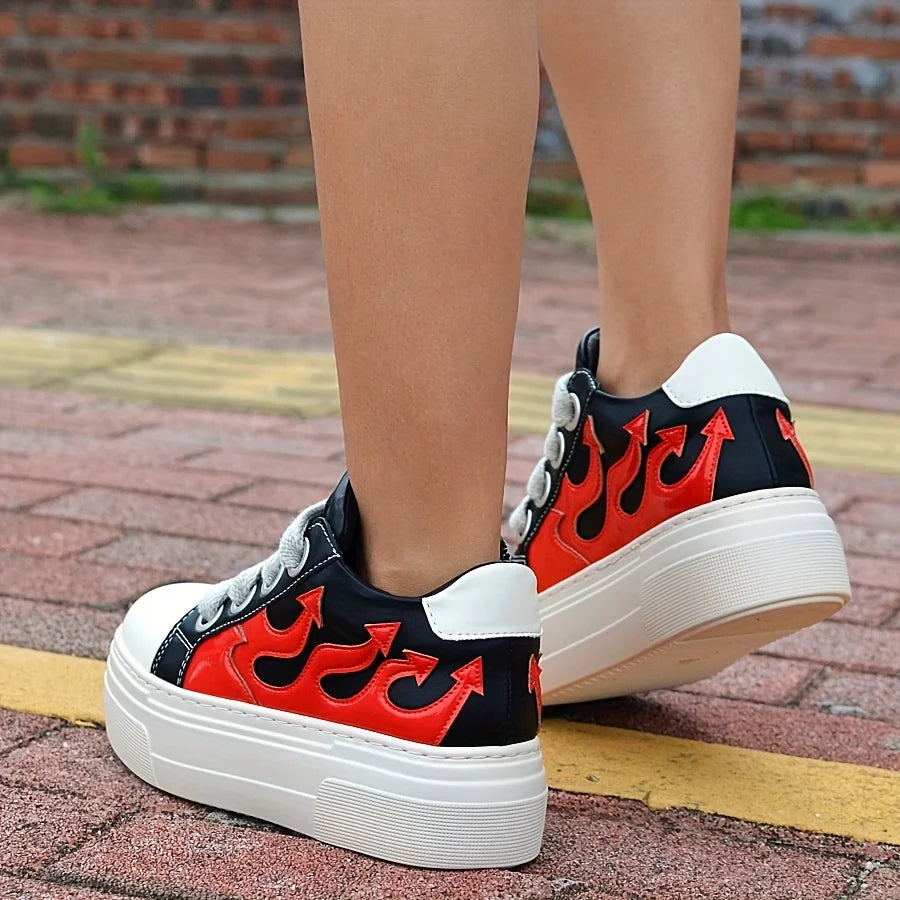 Black Red Fire Women Sneakers, Platform , Casual Shoes