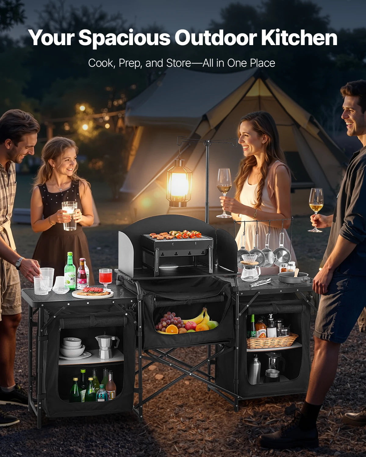 Camping Kitchen Table Aluminum Portable Cook Station with Storage.