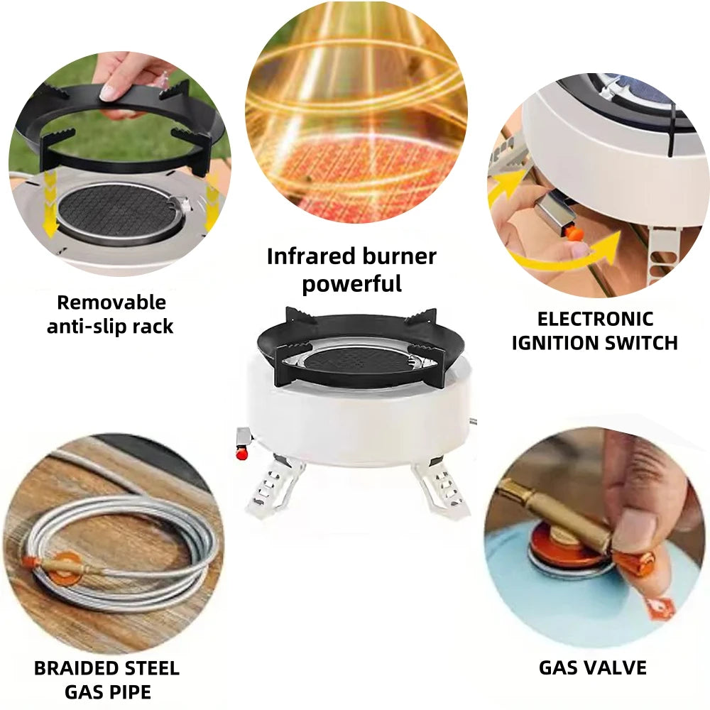 Portable outdoor burner cooking stove, camping backpack stove, with piezoelectric igniter