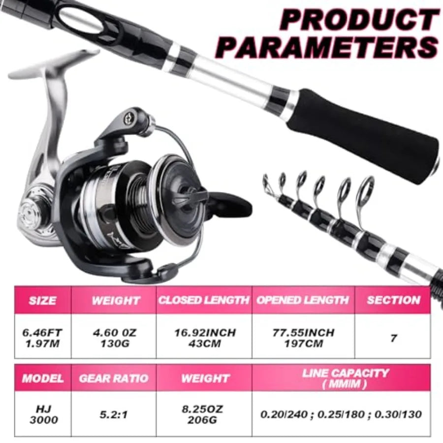 2PCS Telescopic Fishing Rods and Reels Combo Set 6.89ft, Spinning Reel, Lures Accessories with Storage Bag