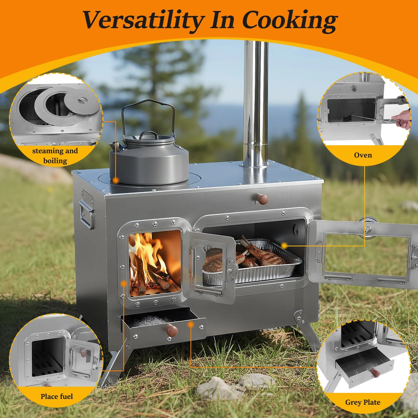 Hot Tent, Stove with 4 Chimney Pipes, Wood Burning Tent Stove, Stainless Steel
