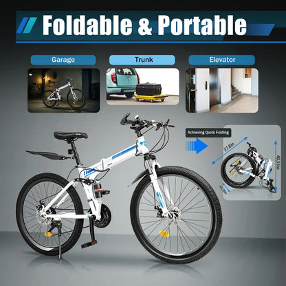 26" Folding MTB Bicycle with 21 Speed, Dual Disc Brakes, Men’s Mountain Bike