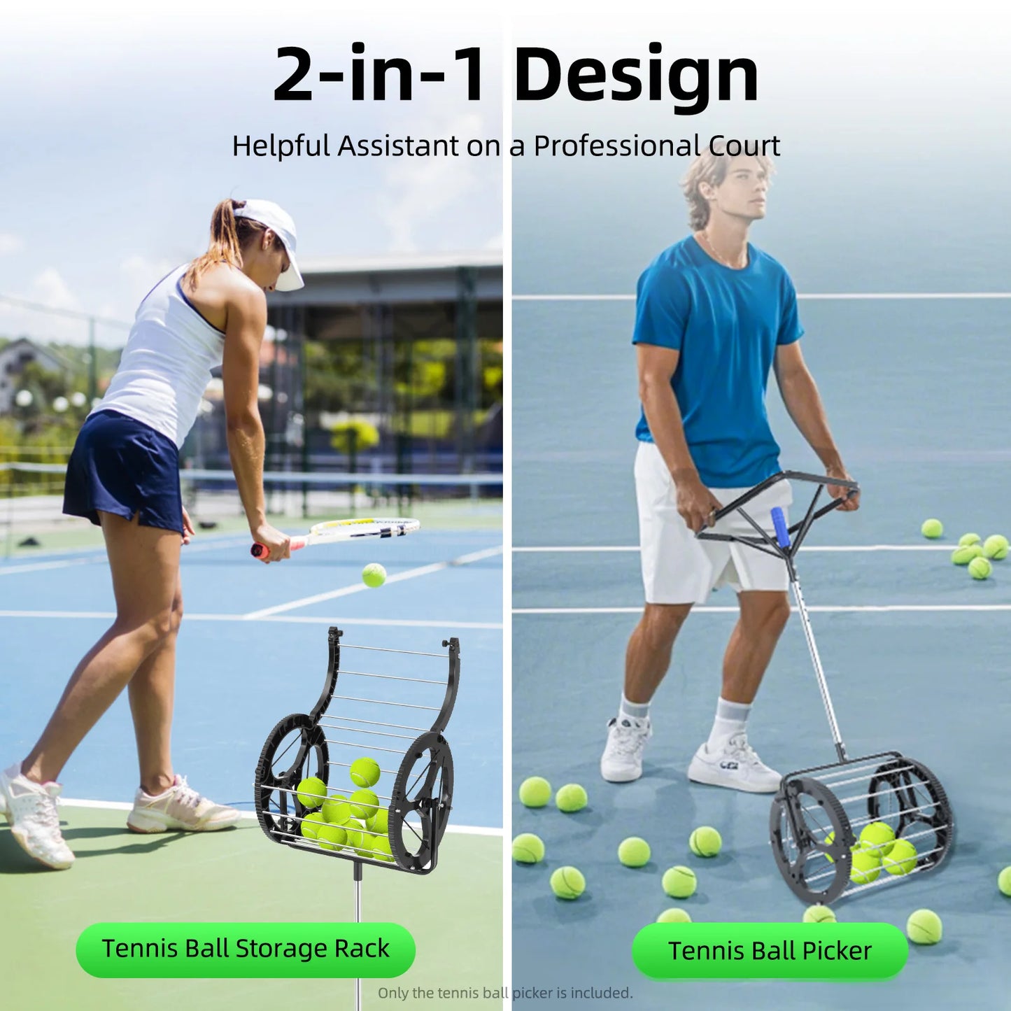 2 in 1 Tennis Balls Pickup - Automatic Balls Receiver Hold Up 55 Tennis Balls
