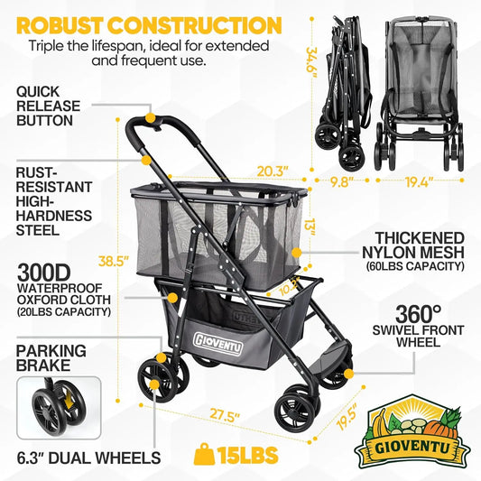 Folding Shopping Cart for Groceries, 80lbs Collapsible Grocery Cart